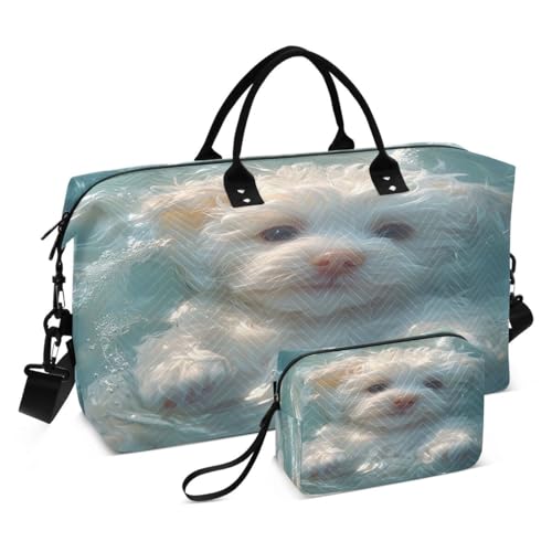 White Dog Puppy Animal Travel Duffle Bag Gym Bag Weekender Bags with Toiletry Bag Travel Trip Tote Bag