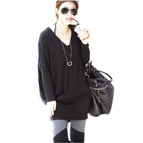 Wisedeal 1pc Womens teens girls Casual Solid V-neck Long Sleeves Hip-length Loose Top T-shirt Mini Dress /(black , gray, two colors to choose),free size