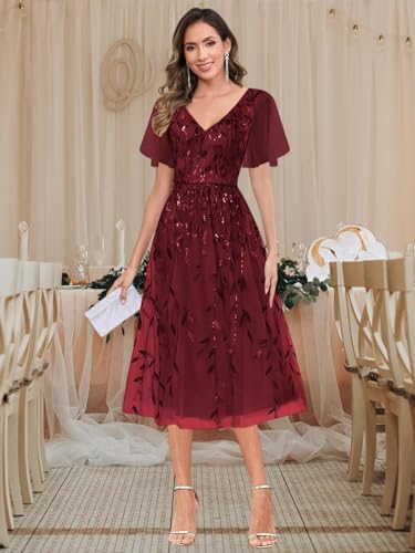 BANTRATIC Women's Mother of The Bride Dress Sequins Tulle Formal Wedding Guest Dresses Elegant Tea Length Evening Prom Gown4