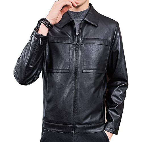 Maiyifu-GJ Men Lapel Faux Leather Motorcycle Jacket Vintage Zip Up Slim Fit Biker Coat Lightweight Classic PU Leather Jacket (Black,4X-Large)