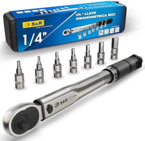 S&R Llave Dinamometrica Bicicleta Moto. Juego de llave dinamometrica 1/4 pequeña con carraca y zocalos. Torque Wrench 5-25 nm Profesional