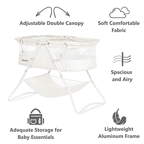 Dream On Me Karley Bassinet In Dove White, Lightweight Portable Baby Bassinet, Quick Fold And Easy To Carry, Adjustable Double Canopy, Indoor And Outdoor Bassinet With Large Storage Basket. #TOP4