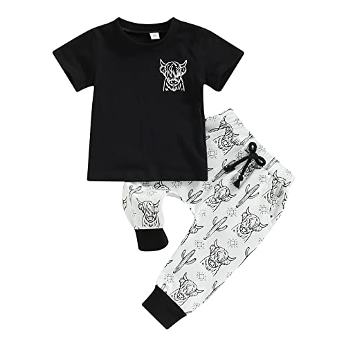 Image of LXXIASHI Western Baby Boy Summer Clothes Cow Print Short Sleeve T-Shirt Top Pants Set 2Pcs Toddler Western Cowboy Outfits