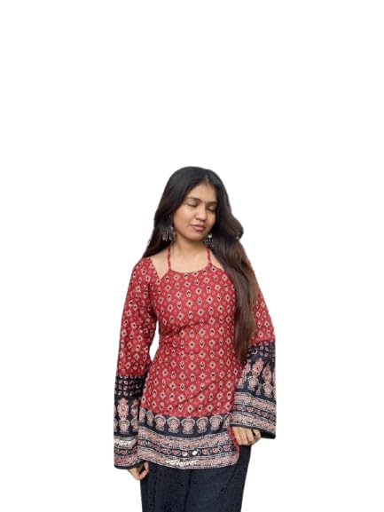 Women Rayon Printed Kurta, Red, Bell Sleeve, Adjustable Back Tie-Up, Casual Daily & Ethnic Wear, Summer Tunic-picture-35