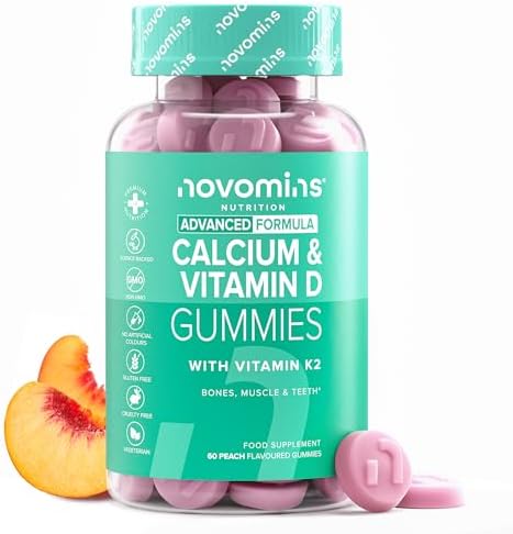 Gommose Calcio e Vitamina D – Calcio 400 mg – Integratore Multivitaminico Muscoli e Ossa –Integratore Veg No Glutine Fornitura 1 Mese – Vitamine Gommose Masticabili con Vitamina K2 - Novomins Calcio - integratore