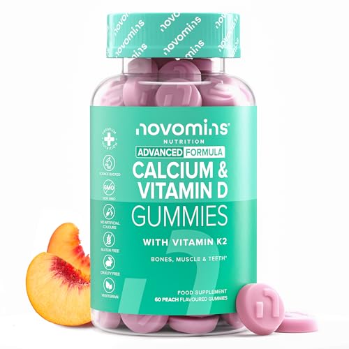 Calcio con Vitamina D3 y K2-60 Gominolas - Sin Gluten - 400 mg de Calcio, 600 UI de Vitamina D y 200 µg de Vitamina K2 por Ración - para Huesos, Dientes y Músculos - 1 Mes - Novomins
