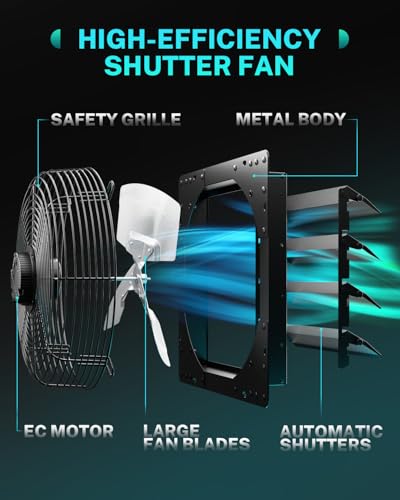 Image of HG Power 16 Inch Attic Fan with Thermostat, 1681 CFM Shutter Exhaust Fan with Smart Temperature Humidity Controller, Wall Mounted Greenhouse Fan with EC Motor for Garage, Shed Ventilation, Black