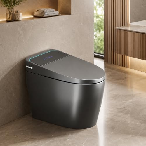 Inodoro inteligente con rociador de agua caliente y secadora, asiento calefaccionado con bidé, 4 modos inteligentes de descarga y asiento con apertura/cierre automático, operación con sensor de pie y pantalla LED Fahrenheit (Gris) miniatura 1