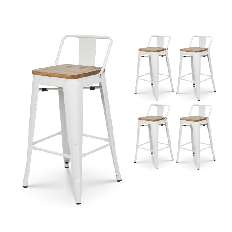 Kosmi - Lot de 4 tabourets en métal Blanc Mat Style Industriel avec Dossier et Assise en Bois Clair - Hauteur 66cm