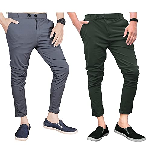 Ezee SleevesMen’s Slim Fit Lycra Pants | Lightweight & Stretchable Casual Trousers | Ideal for Office, Travel & Outdoor Wear (in, Numeric, 32, Regular, Dark Grey & Olive Green)