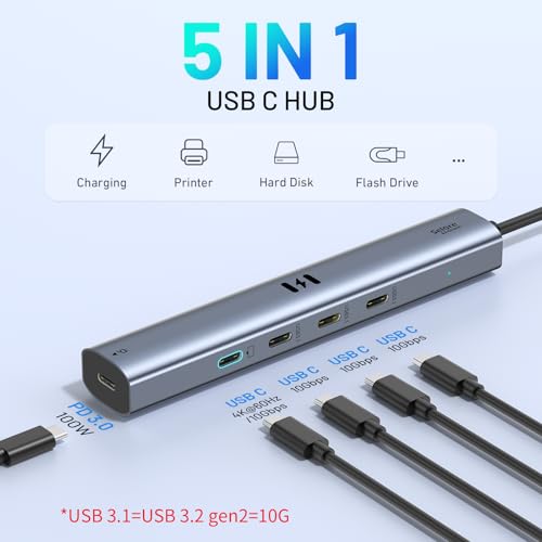 Image of 10Gbps USB C Hub with 4K@60Hz Video Display, Selore 5 Ports USB-C Splitter, C Port Data Transfer, 100W PD-in Charging, Dongle Multiport Adapter for MacBook Pro, iPad, Dell, HP, and More