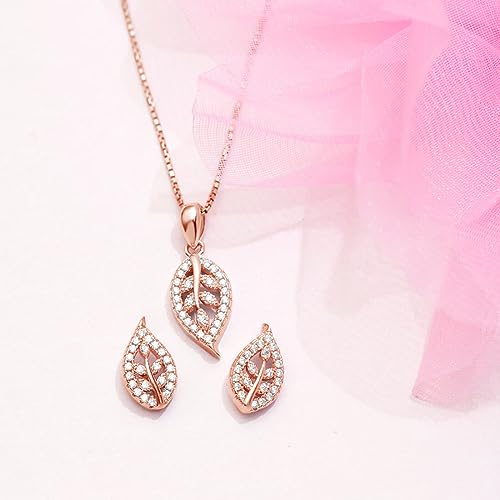 Image of ZAVYA 925 Sterling Silver Cubic Zirconia Rose Gold Plated Women's Leaf Jewelry Set | Gift for Women and Girls | With Certificate of Authenticity and 925 Hallmark