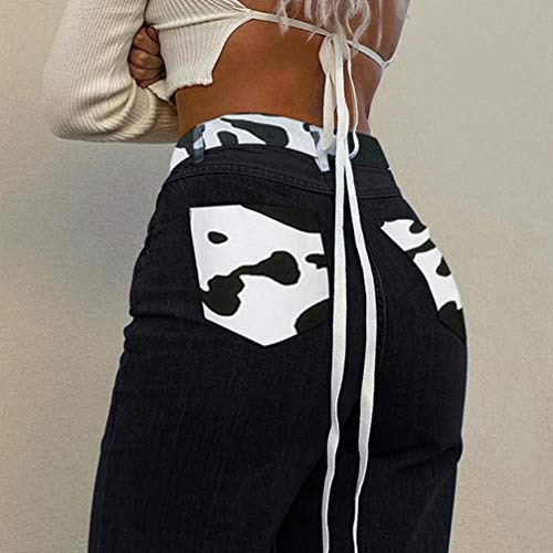 KESYOO Jeans Feminino Cow Jeans Patchwork Jeans Jeans de Cintura Alta Jeans Slim Calça Reta Patch Ca