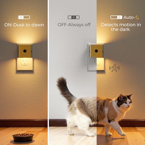 Image of L LOHAS LED Night Light,Plug in Night Light with Motion Sensor and Dusk to Dawn Sensor, Brightness Adjustable,3000K Soft White, Gold Nightlight for Bathroom Hallway Kitchen