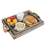 MyGift 2 Piece Set Rustic Torched Wood and Black Metal Decorative Nesting Serving Trays with Rope Handles for Breakfast in Bed, Coffee Table, Ottoman Decor