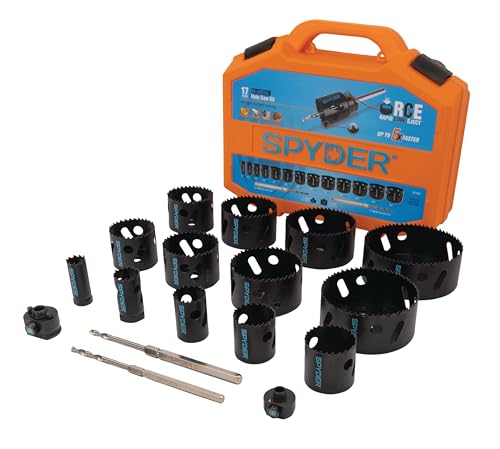 Spyder 17-Piece Bi-Metal Master Electrician Hole Saw Kit 13 Hole Saws Hex8 and Hex10 HSS Pilot Bits and Arbors Rapid Core Eject Arbor System (601008)