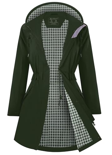 Zdoynto Regenjacke Damen Wasserdicht Kapuze Regenmantel Jacke Atmungsaktive Mantel Übergangsjacke Lang Trenchcoat Frühling Herbst Armeegrün M