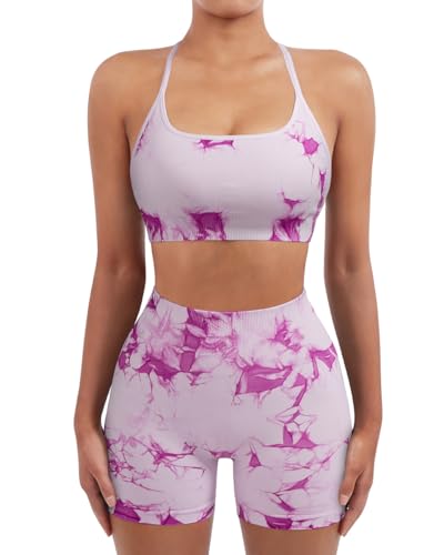 Image of SUUKSESS Women Seamless Workout Sets Strappy Sports Bra High Waist Booty Shorts Outfits