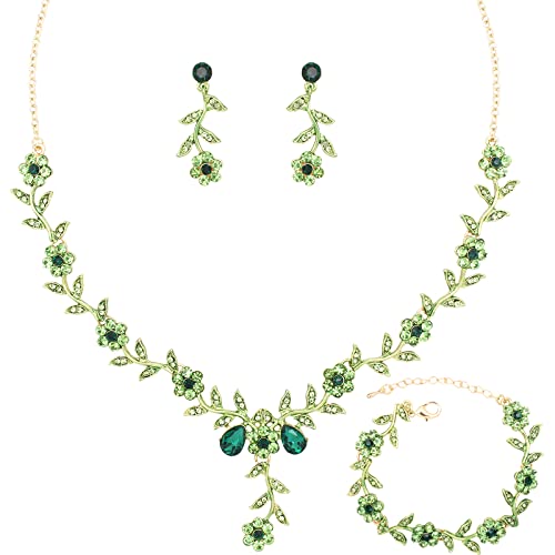 Flower Leaf Crystal Pendant Necklace Dangle Earrings Link Bracelet Bride Bridesmaid Jewelry Sets for Women Wedding Party
