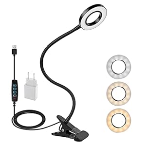 Wilktop Lampe à pince LED, flexible à 360 °, 3 modes et 10 niveaux de gradation, lumière de serrage flexible pour tête de lit, chambre à coucher, bureau, 12 W, adaptateur CE, noir