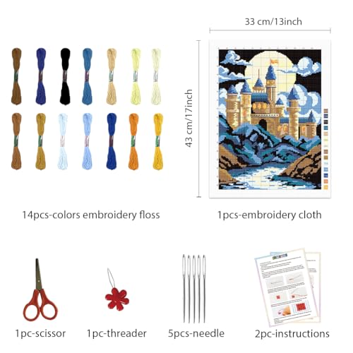 Image of FREEBLOSS DIY Cross Stitch Wall Painting Castle Pattern Cross Stitch Kit Home Wall Decor 11CT Cross Stitch Starter Kit with Instruction Stamped Cross Stitch Counted Kit for Beginners, 28 * 38cm