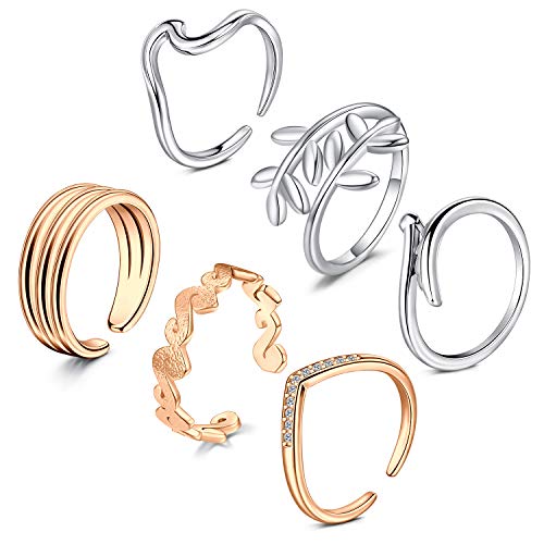 LAURITAMI 6PCS Open Toe Ring for Women Girls Cute Tail Ring Foot Jewelry Set Adjustable Simple Open Band Pinky Ring