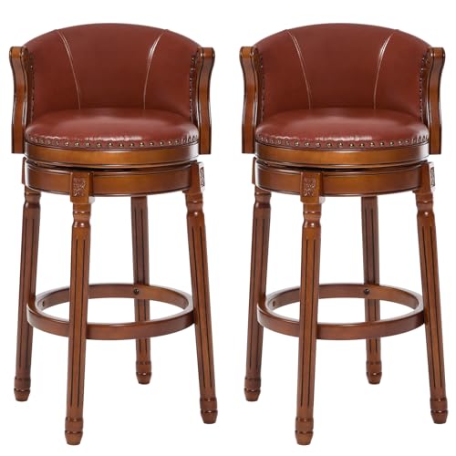 Butacos de barra CozyRain de madera de caucho, con tapizado en cuero genuino, giro de 360°, respaldo y reposapiés, para cocina, comedor y sala (juego de 2, color marrón, altura del asiento 29.5 pulgadas)