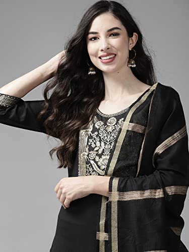 Image of INDO ERA Women's Cotton Blend Yoke Design Straight Kurta with Pant & Dupatta Set