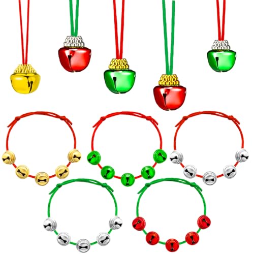 yfstyle Christmas Bell Necklaces and Bracelet Set Adjustable Christmas Bell Bracelet Red Green Jingle Bell Necklaces Bell Ornaments for Party-10pcs
