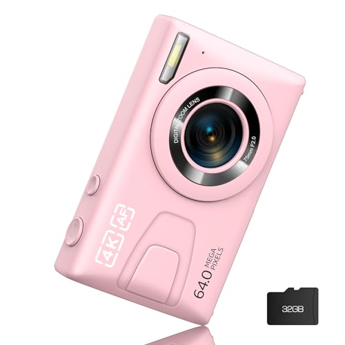 Image of Digital Camera 4K 64MP Vlogging Camera Autofocus Point and Shoot Digital Cameras for Photography Camera for Kid Student Children Teen Girl Boy, 18X, 2 Batteries, 32GB Card, Pink