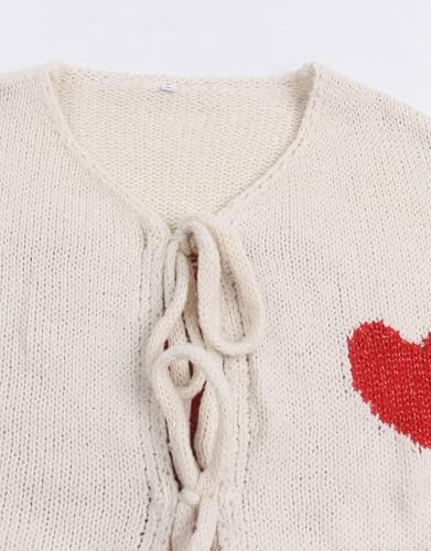 Image of Women's Tie Cardigan Sweaters Long Sleeve Chunky Knit Big Cute Heart Sweater Coats Apricot Mediuml