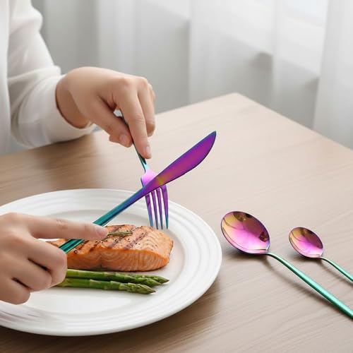 Image of 10 Pcs Rainbow Cutlery Set for Dining Table the Perfect Lightweight Silim Handle Tableware Including Dinner Spoon, Dinner Fork, Dinner Knife, Dessert Spoon & Dessert Fork