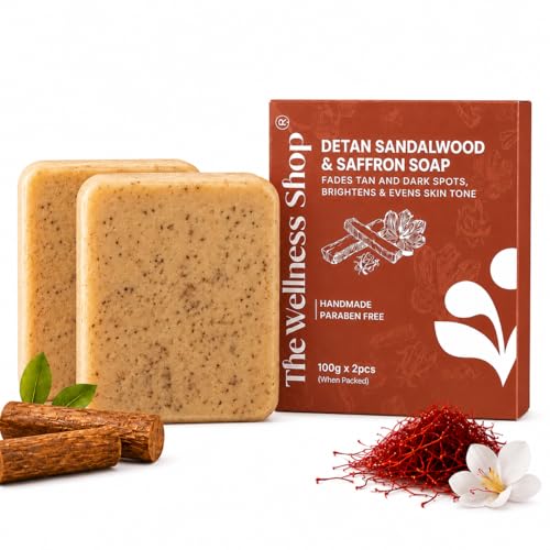 Image of The Wellness Shop Sandalwood Saffron Detan Soap | Dark Spot, Tan Removal Skin Brightening, Exfoliating Soap | Chandan Kesar Handmade Bathing Bar | Paraben Free | Face Body Soap for Men Women| Pack of 2
