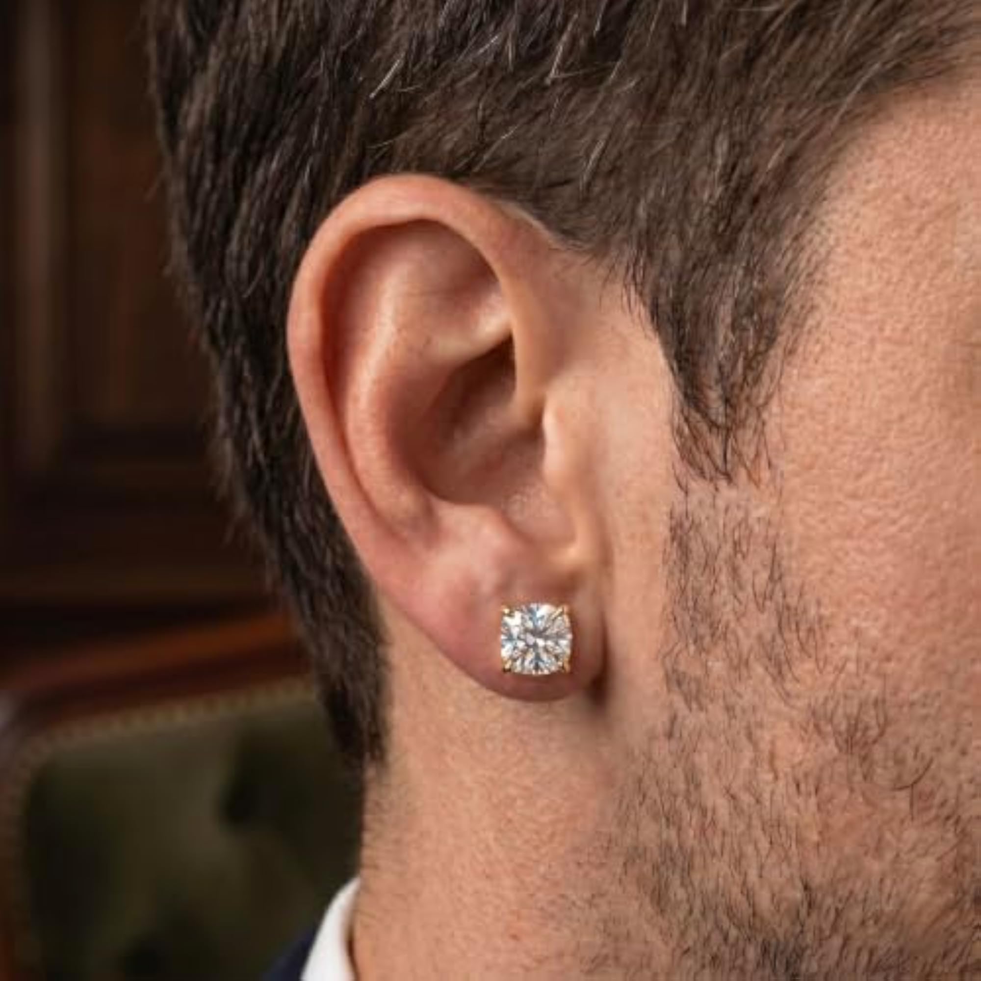 Men's Gold Plated 925 Silver Cushion Shaped AAA+ Gemstone Stud Earring