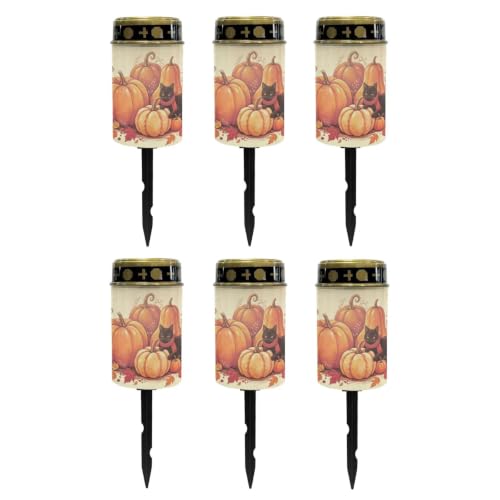 Image of Poceacles Solar Candle Cemetery Solar Lights for Grave LED Garden Flameless Powered Pathway Lights for Halloween Party Decorations, Black Cat Pumpkin Autumn Leaf Print Beige, Pack of 6