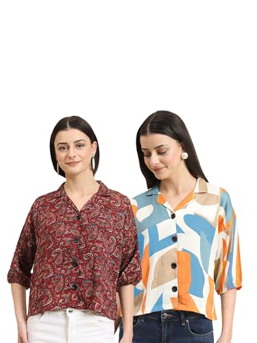 Image of Women's Cotton Blend Printed Combo (Pack of 2) Shirts - 3 /4 Sleeves V Collar Neck