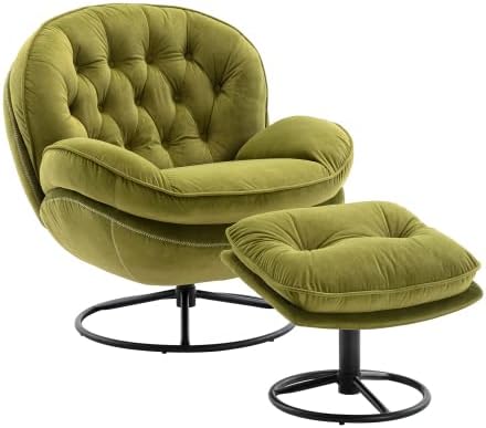 Accent Chair with Ottoman, Modern Velvet Tufted Upholstered Armchair Lounge Chair with Comfy Footrest & Black Metal Base, 360 Degree Swiveling Single Sofa Chair for Living Room Bedroom, Olive Green