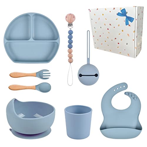 Assiette ventouse pour bébé - Coffret repas - Cadeau naissance [8 Piéces] Cuillere bebe, Fourchette bebe, Bavoir silicone, Bol bebe, Tasse apprentissage, Attache tetine, Boite tetine - Vaisselle bebe