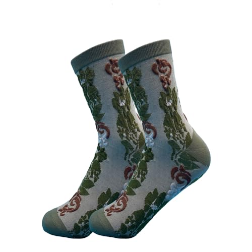 Image of 5 Pairs Floral Socks Women Trendy Flower Socks Embroidered Vintage,Girls Cute Sweet Nordic Textured Cotton Sock (US, Alpha, One Size, Regular, Regular, E 5 Pairs Green /Blue)