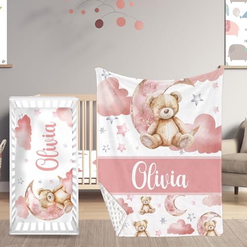 HSHRYY Personalized Name Baby Crib Bedding Set, Custom 2 Piece Set for Girls, Soft Blanket with Dotted Backing and Fitted Sheet, Perfect for Baby Newborn Shower Gift, Pink Bear with Moon
