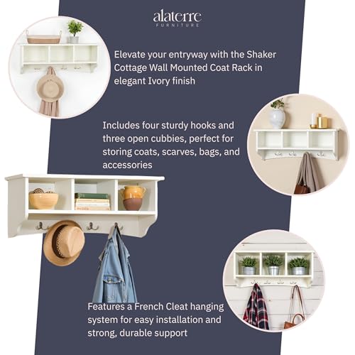 Image of Shaker Cottage 36-Inch Wall-Mounted Coat Rack with 3 Open Shelves - Transitional Entryway Organizer, Mudroom Storage Shelf with 4 Hooks - Space-Saving Wall Storage by Alaterre Furniture (Ivory)