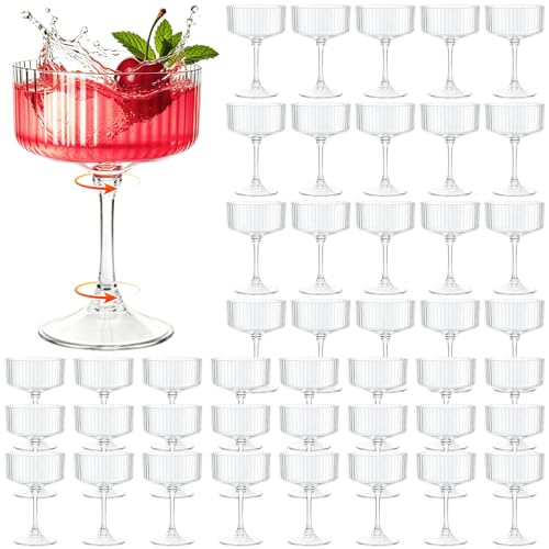 Image of 48 Pcs Plastic Martini Glasses Disposable,10oz Ribbed Martini Glasses | Unbreakable, Vintage Coupe Cocktail Glasses Set with Detachable Stem for Wedding Birthday Party Bar Supplies, Clear