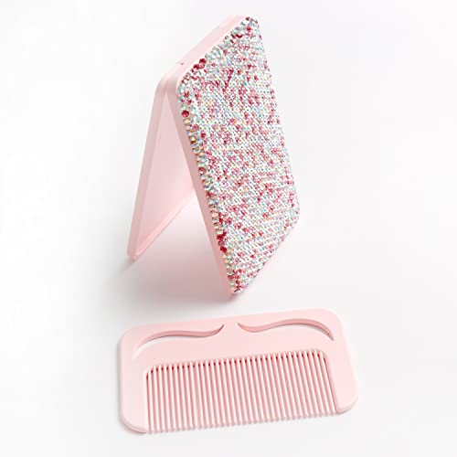 Wowagoga Mini Sparkling Rhinestone Rectangular Shaped Travel Magnifying Mirror With Small Combs, Small Pocket Mirror Compact Mirror Handbag Mirror For Women Girls Daily Use (Pink) #TOP2