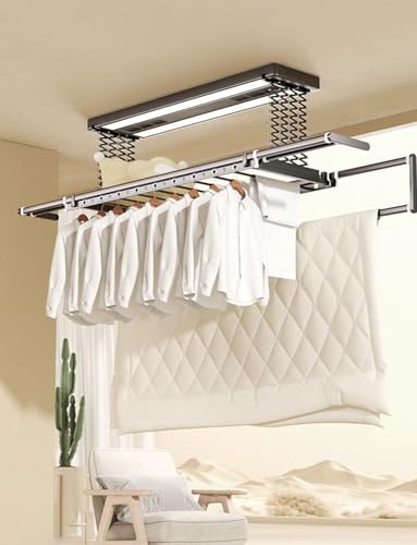 Electric Clothes Dryer - Aluminium and Steel Ceiling Mounted Drying Rack with Remote Control, Retractable Clothesline, Vertical Airtight Design