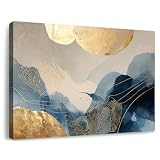 Picture of gaosoul Modern Blue Abstract Canvas Wall Art Oil Painting Gicless Prints with Gold Circles Flowing Watercolor Effects Dynamic Brushstrokes Artwork for Living Room Home Office Decor Framed 36x24in