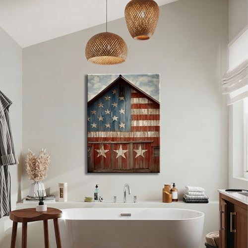 Image of RIBNTAK Rustic American Flag Barn Canvas Wall Art, Vintage Patriotic Farmhouse Artwork Pictures, Americana Country Wall Decor for Living Room Bedroom Entryway Office