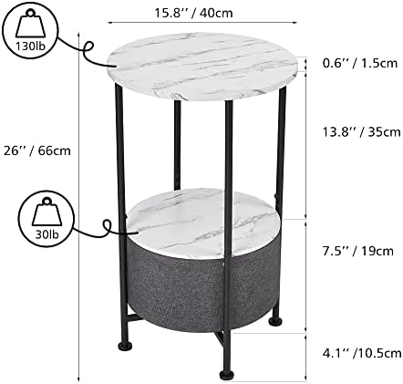 YEAKOO Industrial 2 Tier Round End Table, 66cm Height Rustic Side Table with Removable Fabric Storage Basket, Home Office Coffee/Snack/Bedside Table Laptop Desk for Living Room Bedroom/Marble