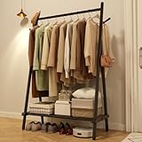 AQIMUELE Kleiderständer, Massivholz Garderobenständer, Garderobe, Kleiderablage, mit Stange, Regal und 4 Haken, Einfache Montage, für Schlafzimmer und Garderobe (Schwarz - ohne Rollen)
