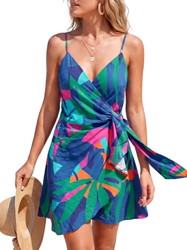 Womens Tropical Mini Wrap Dress - Blue Floral V Neck Sleeveless Short Beach Dress, Wrinkle-Resistant A-Line Sundress for Havana Nights Vacation