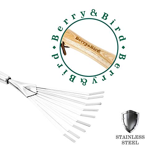 Berry&Bird Garden Hand Shrub Rake, 25" Stainless Steel Grass Rake, 9 Tines Fan Lawn Leaf With Ergonomic Ash Wooden Handle, Small Hand Rake For Sweep Leaves & Loose Debris In Garden, Lawns And Yards #TOP4